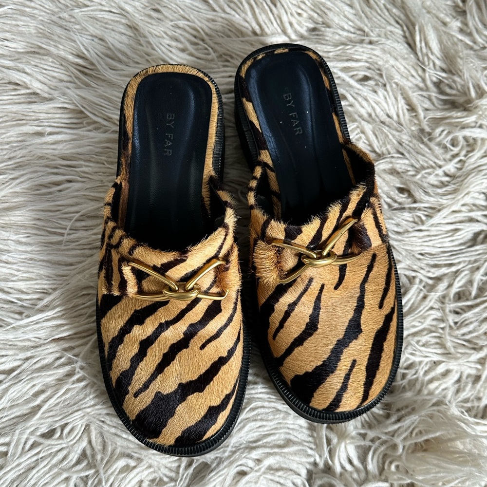 By Far Tiger Print Slip-On Mules in Tan and Black